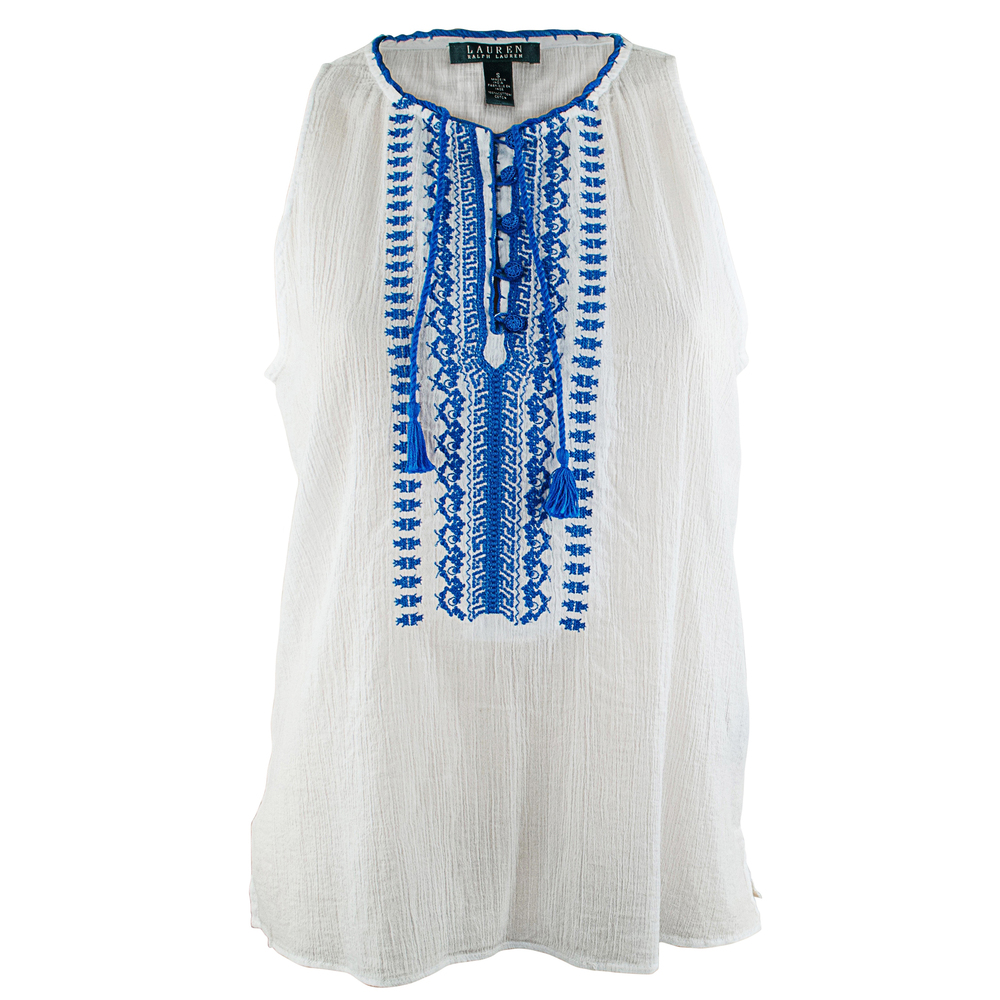 Ralph Lauren Women's Blue Embroidered Sleeveless Cotton Tank Top Wht Medium